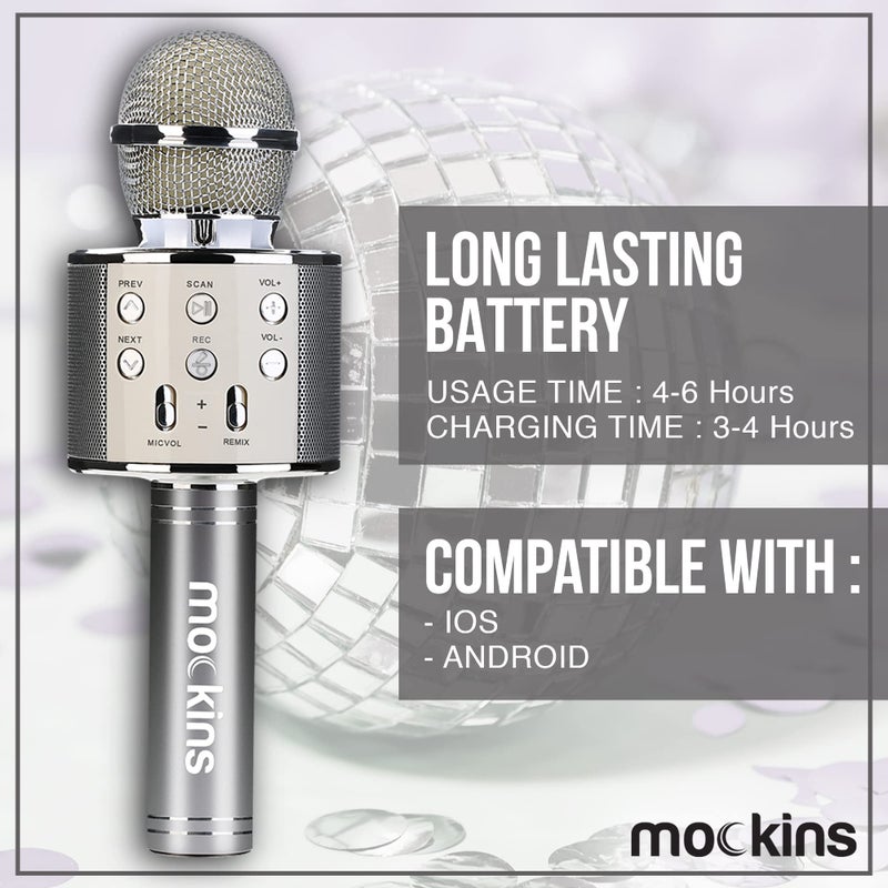 Mockins Silver Bluetooth Karaoke Microphone for Kids with Built in Wireless Speaker| Wireless Microphone Karaoke Compatible with iOS & Android | All-in-One Mic - Image 3